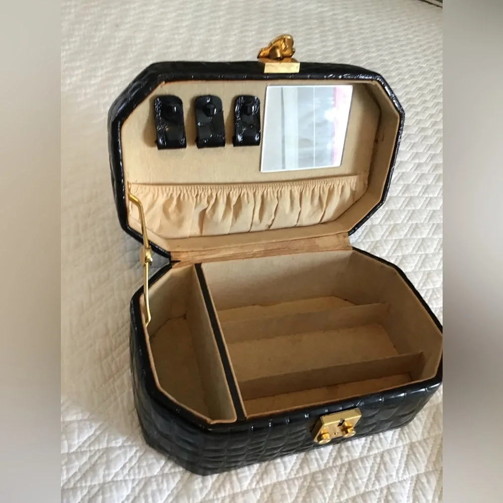 Vintage Croc Embossed JEWELRY BOX Travel Case Black Patent